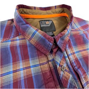 5.11 Tactical Series Shirt Men XL Plaid Maroon Blue Concealed Hidden Pocket Snap
